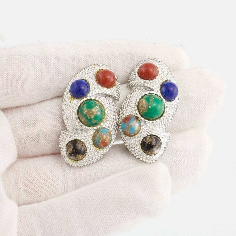 Vintage Sarah Coventry Multicolor Faux Cabochon Clip On Earrings Silver Tone